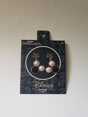 Disney Gold-Tone Black Enamel and Pearl Minnie Drop Earrings